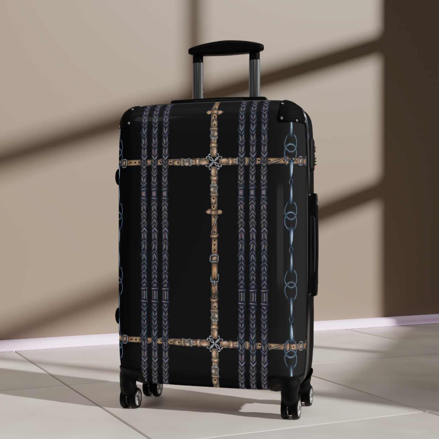 Black Equestrian Reins Pattern Suitcase