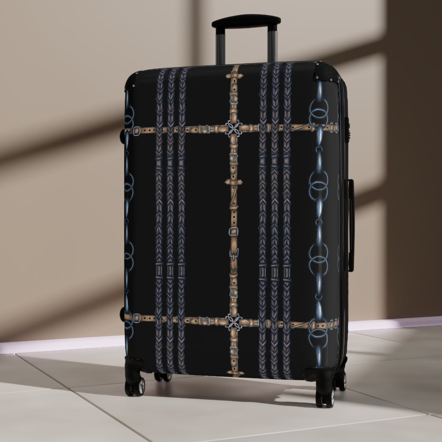 Black Equestrian Reins Pattern Suitcase