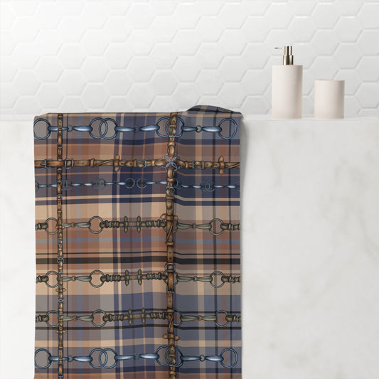 Blue Plaid with my snaffle Bit and reins Artwork Horse Luxury Bath Towel