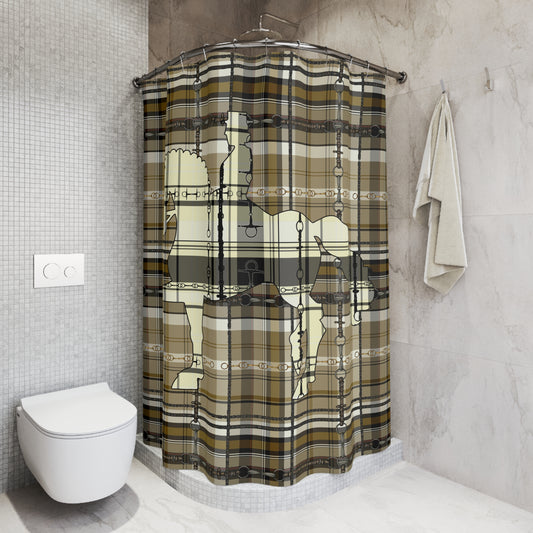 Dressage Plaid and Snaffle bit and stirrup pattern Polyester Shower Curtain. My original equestrian art work printed on a shower curtain.