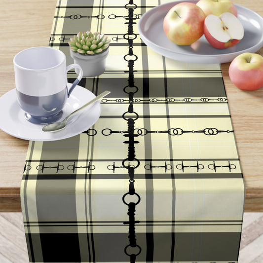 Equestrian Black Cream Ivory plaid with Bit design artwork overlay Motif Table Runner Trademark Pending