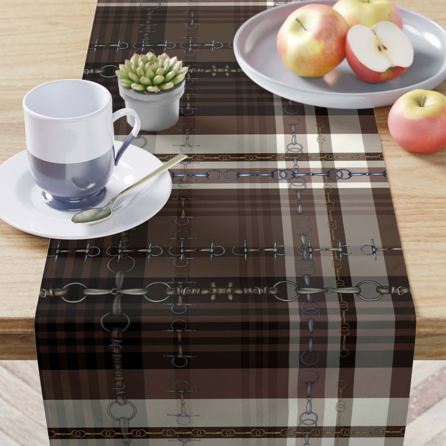 Black Brown Cream Plaid and Bit Motif Table Runner. Incoorporate the best of both worlds-Bit Design artwork plus traditional Plaid