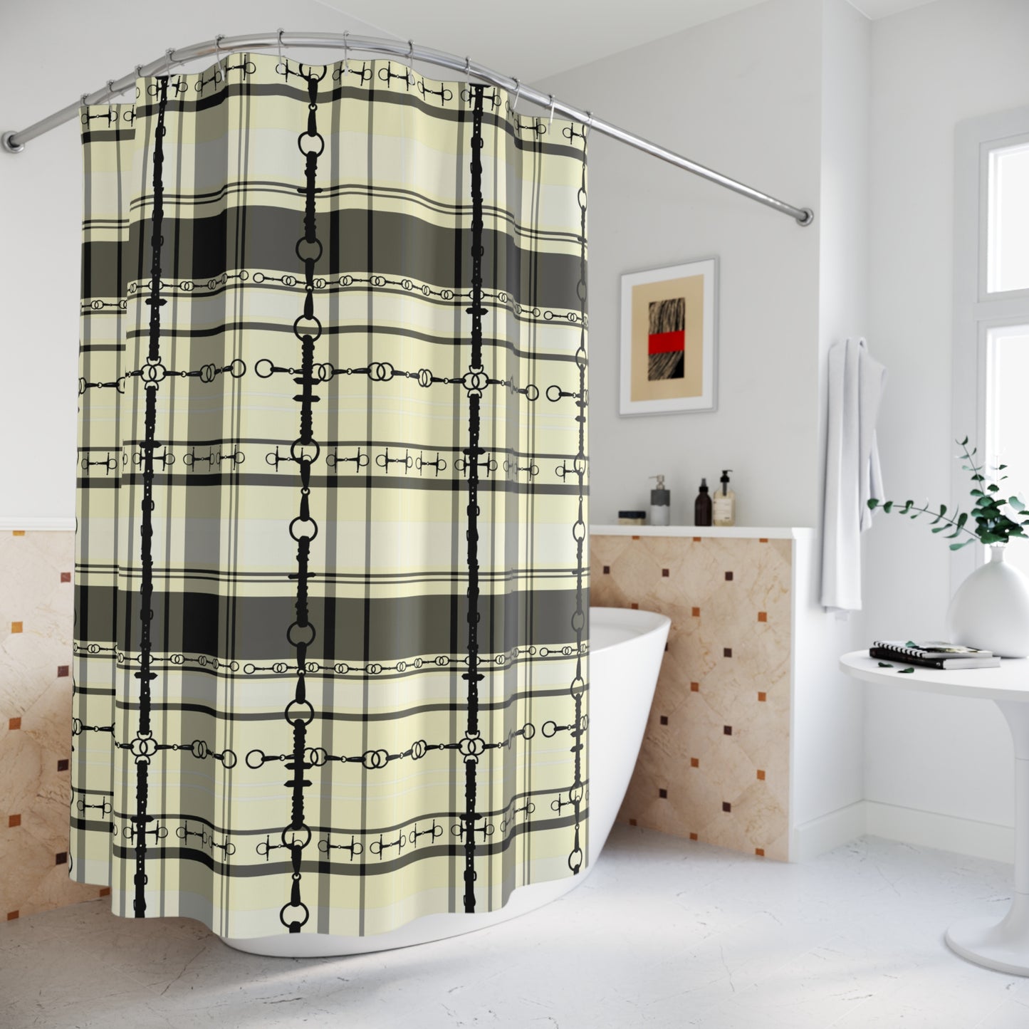 Ivory cream pale yellow Plaid with Snaffle bit pattern overlay Polyester Shower Curtain. My original equestrian art work printed on a shower curtain.