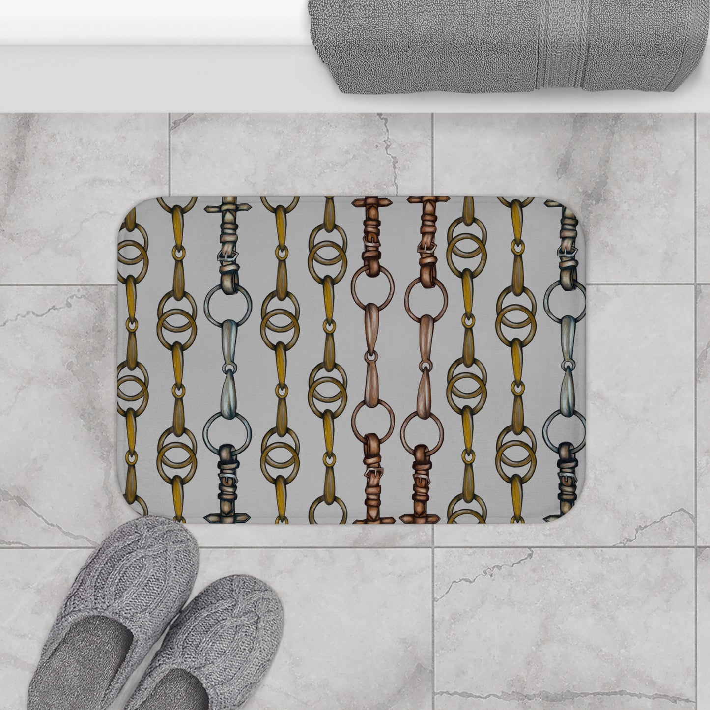 Equestrian Snaffle Bit and Reins Gray Bath Mat