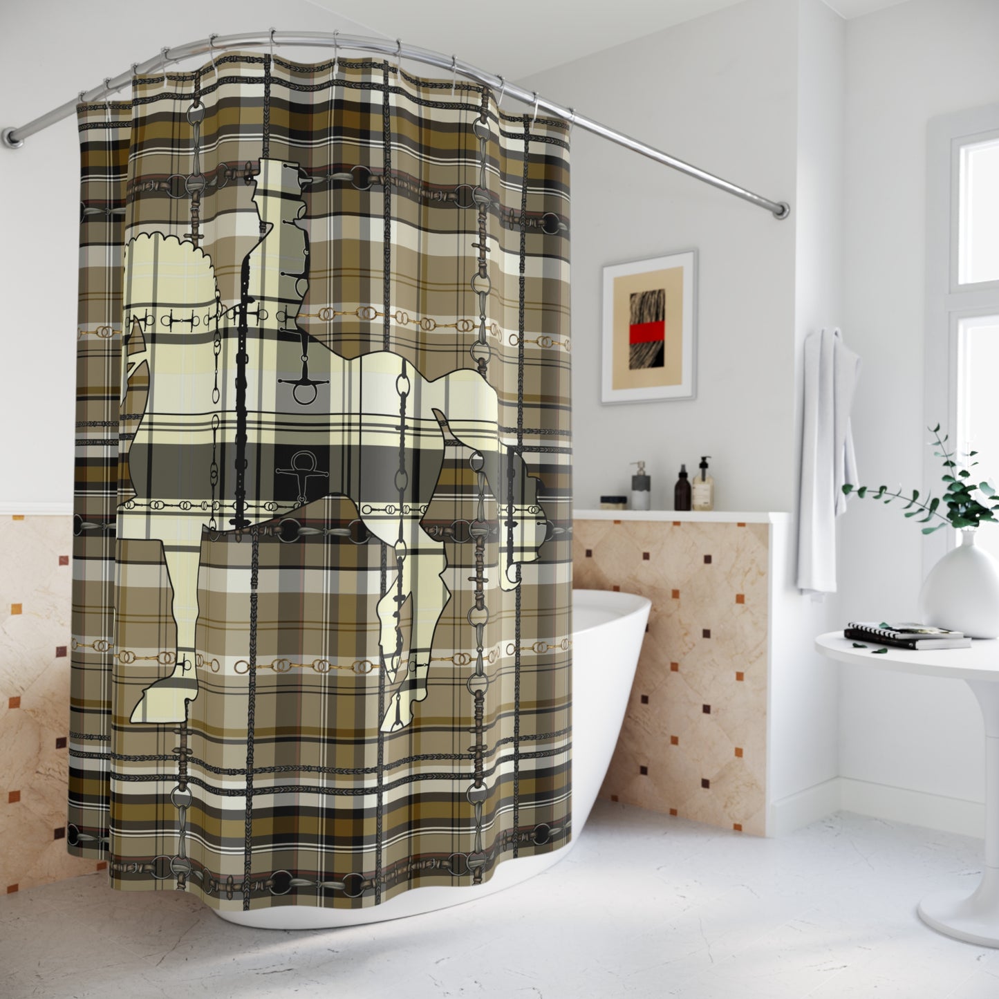 Dressage Plaid and Snaffle bit and stirrup pattern Polyester Shower Curtain. My original equestrian art work printed on a shower curtain.