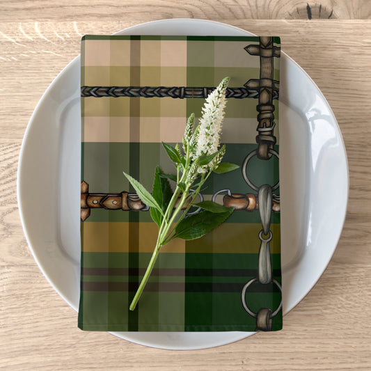 Fox and Hound Hunter Green Plaid with silver Bits and Reins Artwork  Rustic Christmas Napkins (Set of 4)