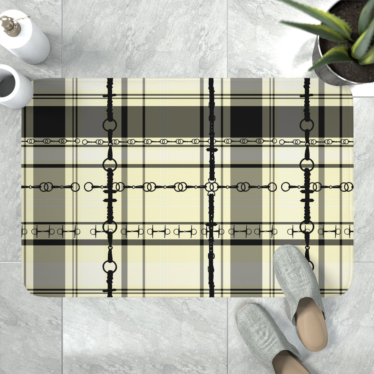 Black and Ivory Plaid with Snaffle Bit Memory Foam Bath Mat