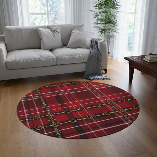 Red Plaid Equestrian Art Round Rug. Western Horse Original Art Rug. Show Stall Rug Home Decor