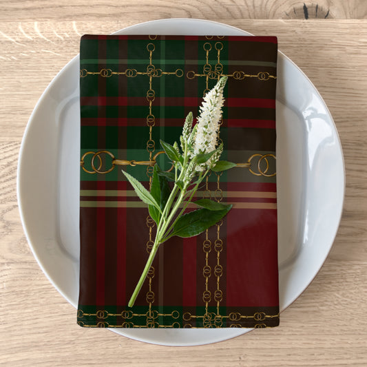 Christmas Plaid Fox and Hound Hunter Green Plaid with silver Bits and Reins Artwork  Rustic Christmas Napkins (Set of 4)