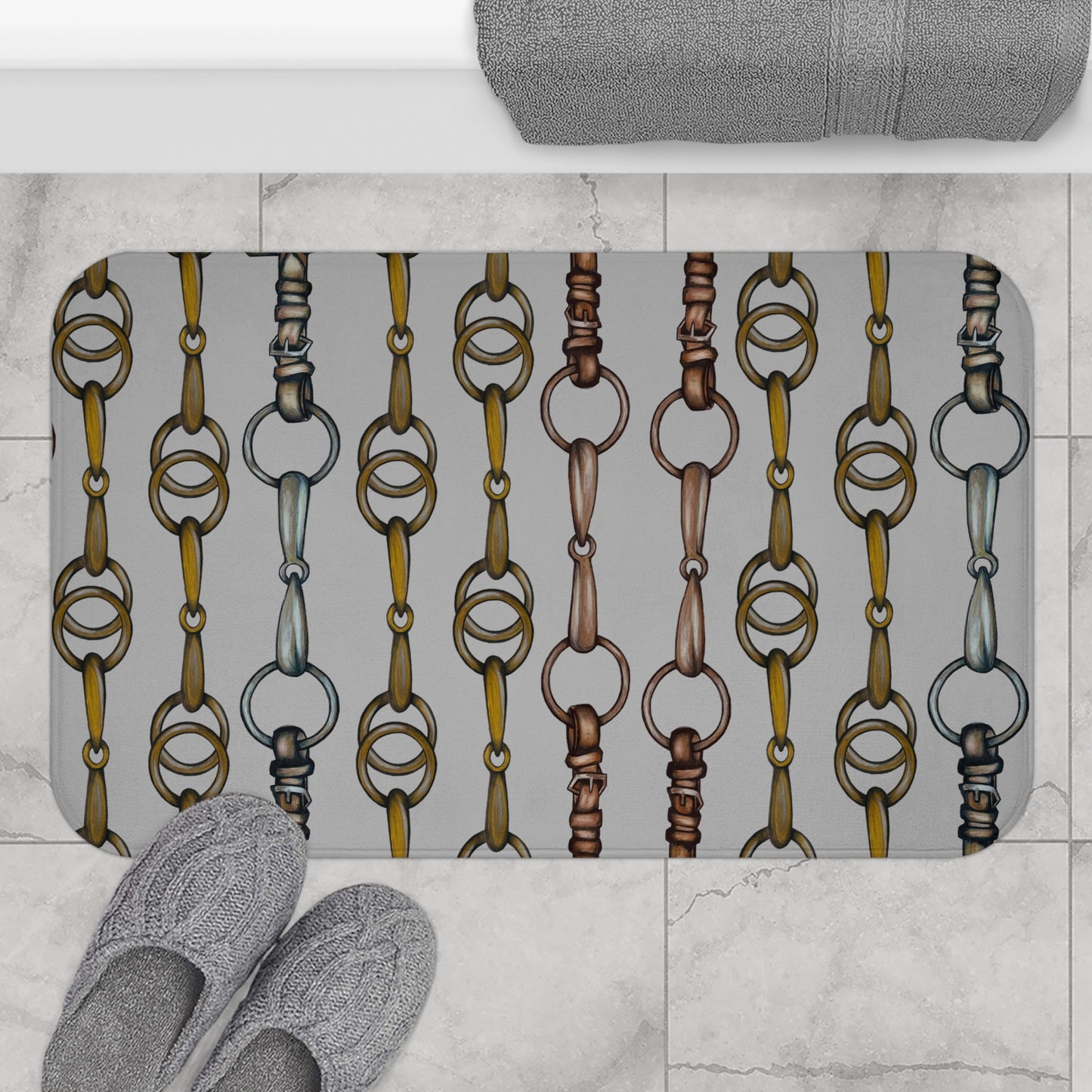 Equestrian Snaffle Bit and Reins Gray Bath Mat