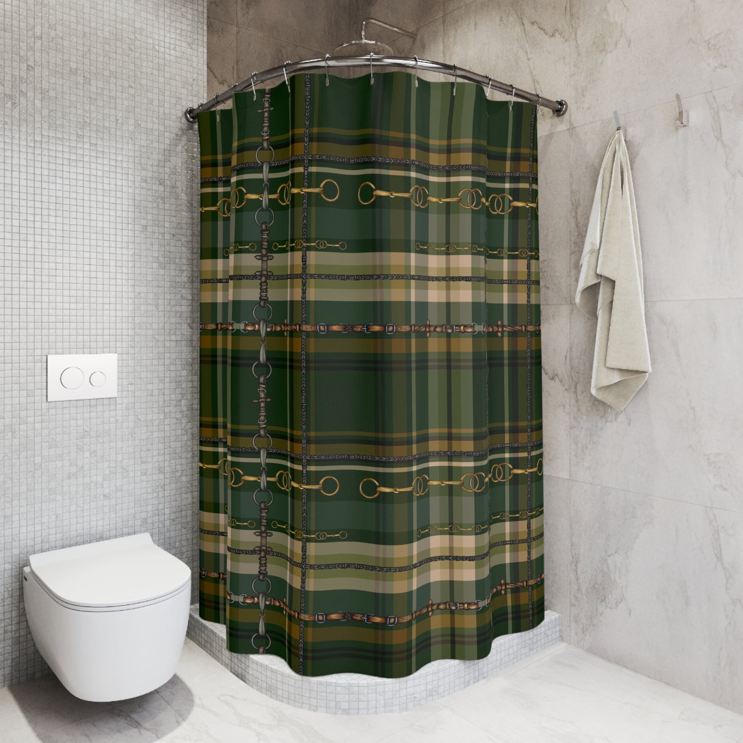 Hunter Green Plaid and Snaffle bit and stirrup pattern Polyester Shower Curtain. My original equestrian art work printed on a shower curtain.