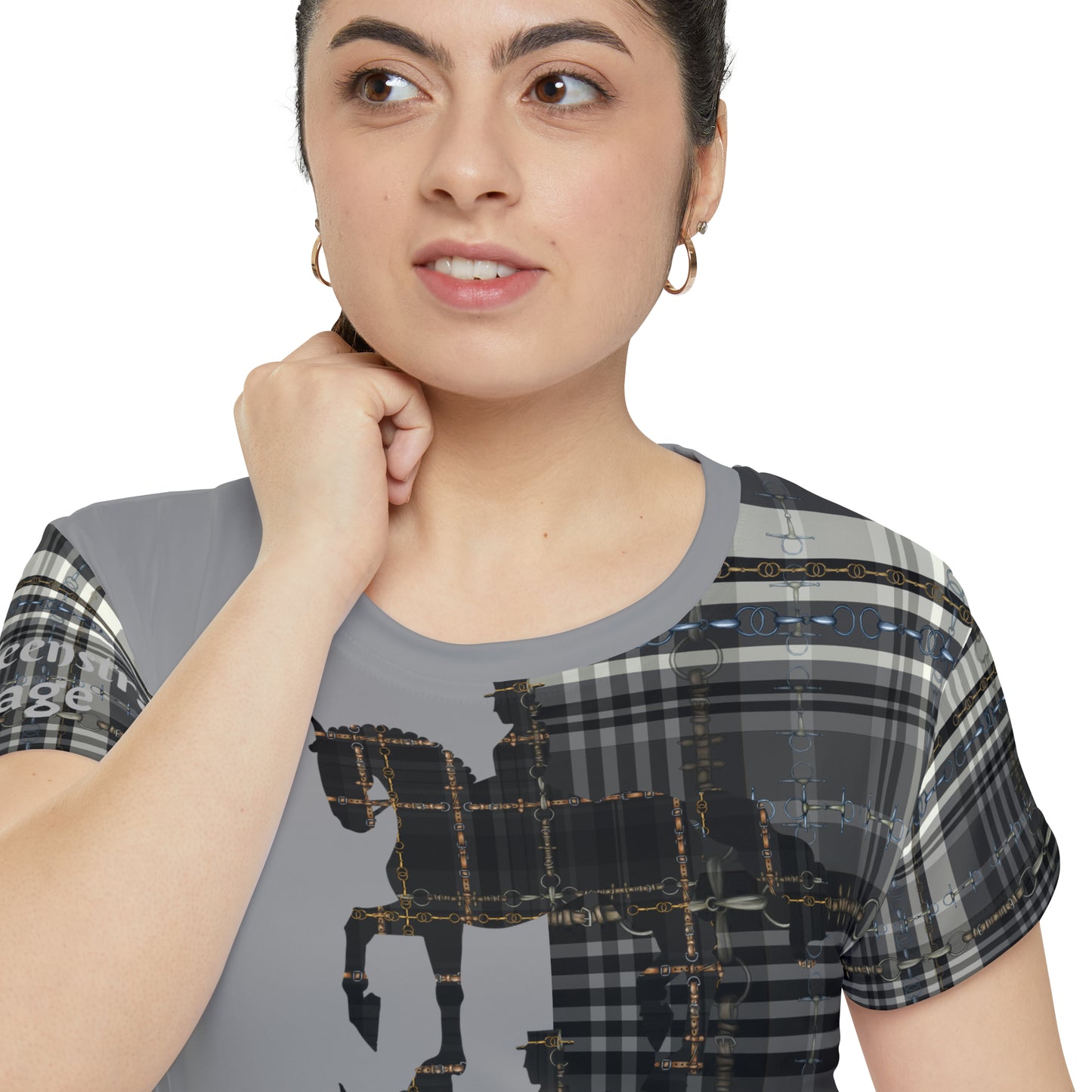 Custom Text Dressage Piaffe PLAID art Women's Short Sleeve Shirt (AOP)
