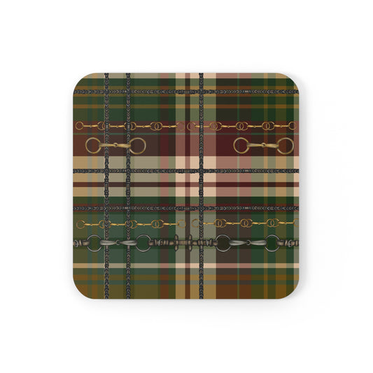 Country Style Red and Green Equestrian Plaid Cork Back Party Coasters