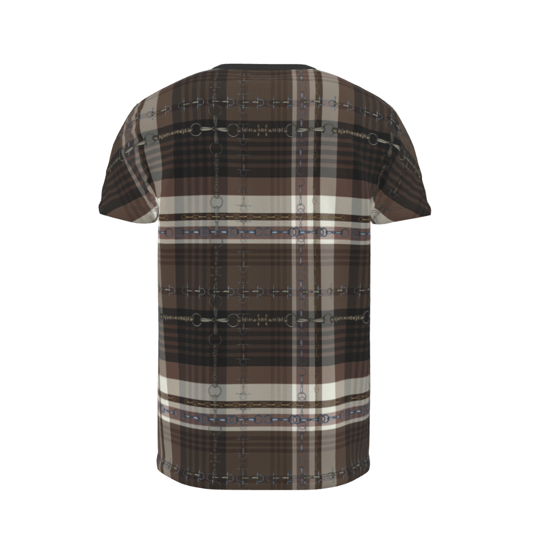 Brown and Black Equestrian Sporty Plaid All Over Print T Shirt