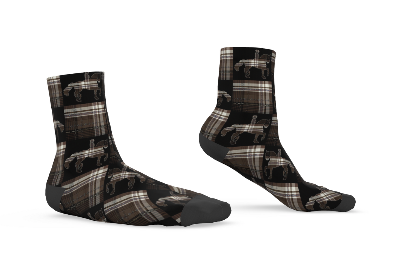 Brown and Black Checkered Equestrian Plaid High Crew Socks