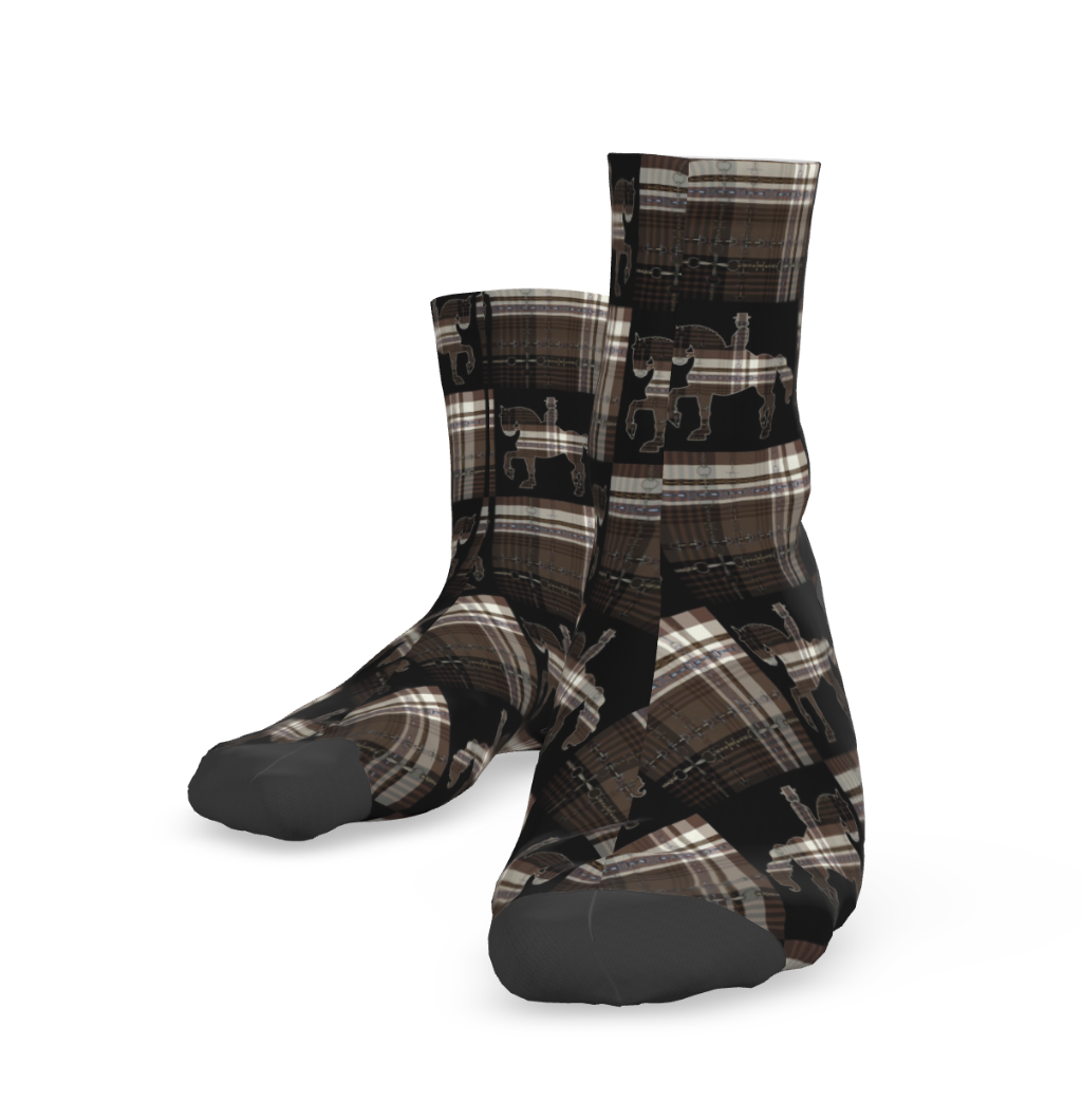 Brown and Black Checkered Equestrian Plaid High Crew Socks