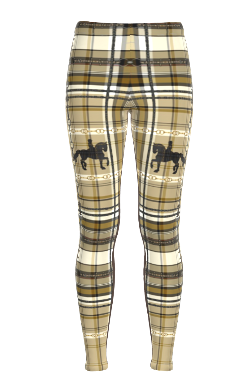 Yellow Ochre and Brown Piaffe Plaid Equestrian Bit Faux Full Seat Riding Tights/ Leggings