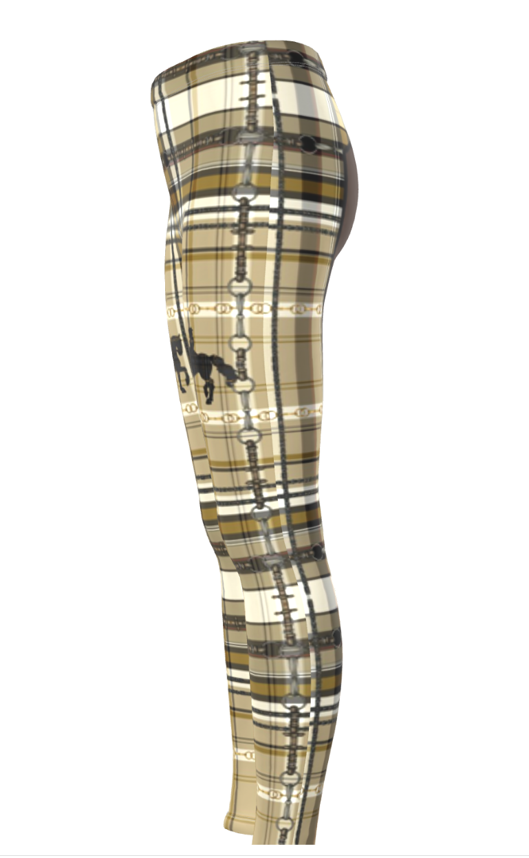 Yellow Ochre and Brown Piaffe Plaid Equestrian Bit Faux Full Seat Riding Tights/ Leggings