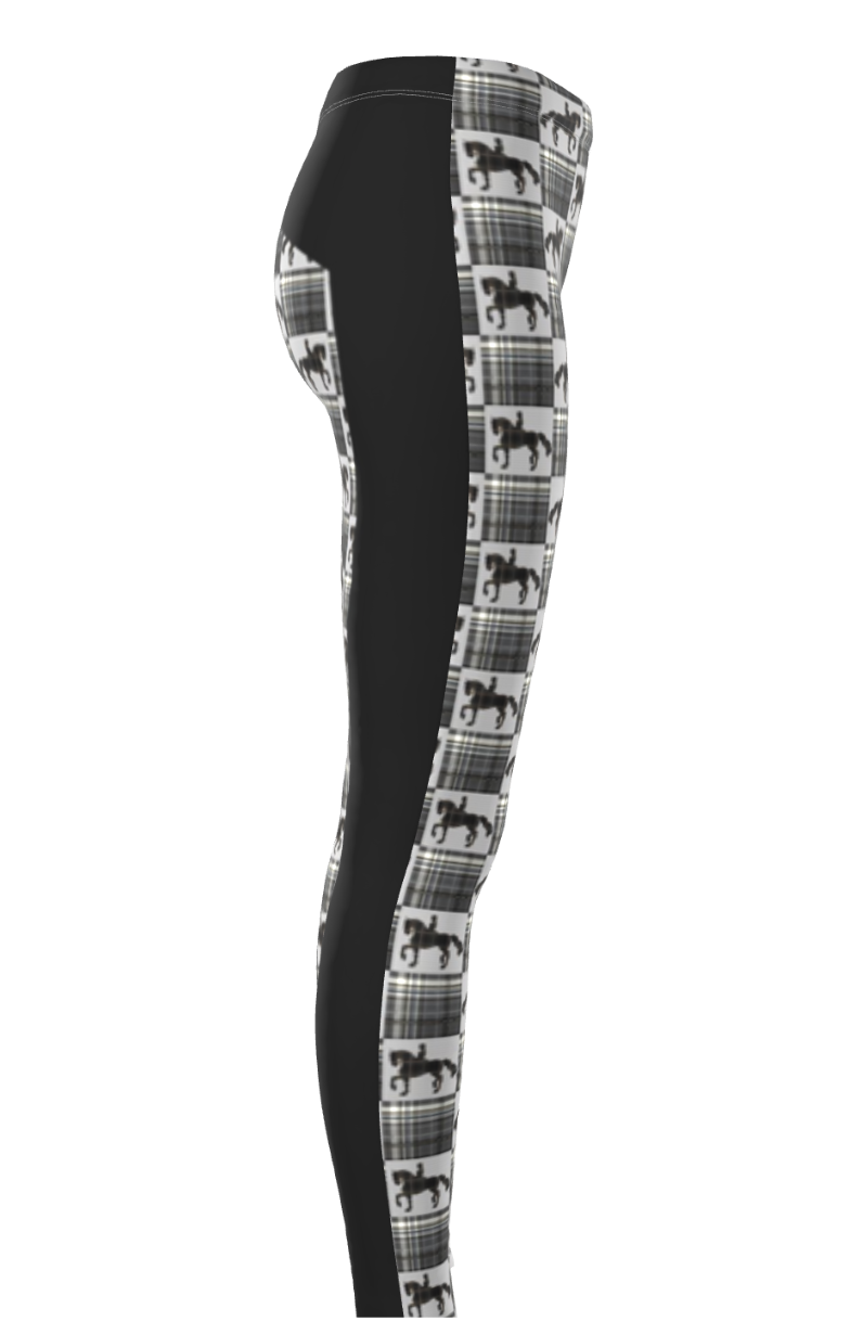 Gray and Black and Ivory Piaffe Checkered Plaid Equestrian Bit Faux Full Seat Riding Tights/ Leggings