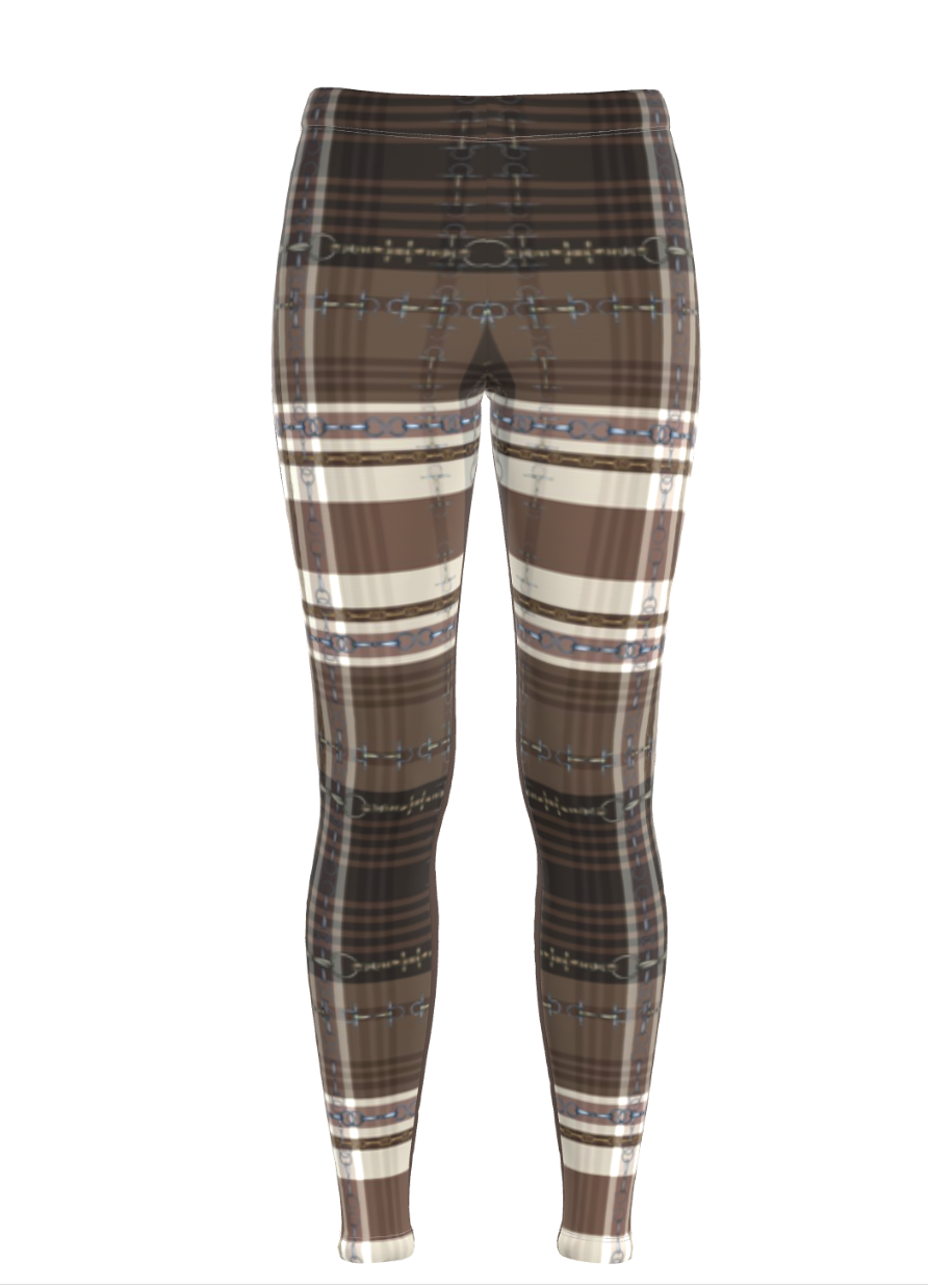 Brown Piaffe Checkered Plaid Equestrian Bit Faux Full Seat Riding Tights/ Leggings