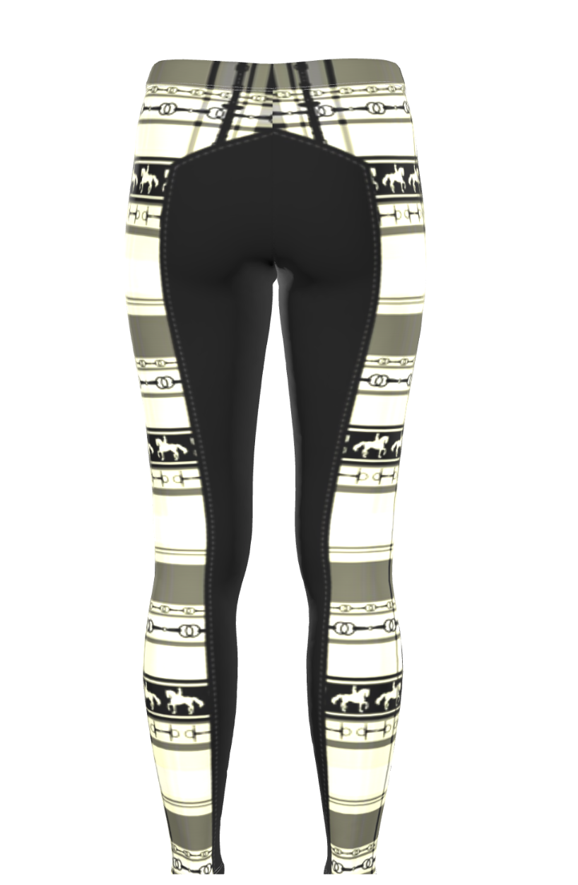 Black and Ivory Piaffe Plaid Equestrian Bit Faux Full Seat Riding Tights/ Leggings