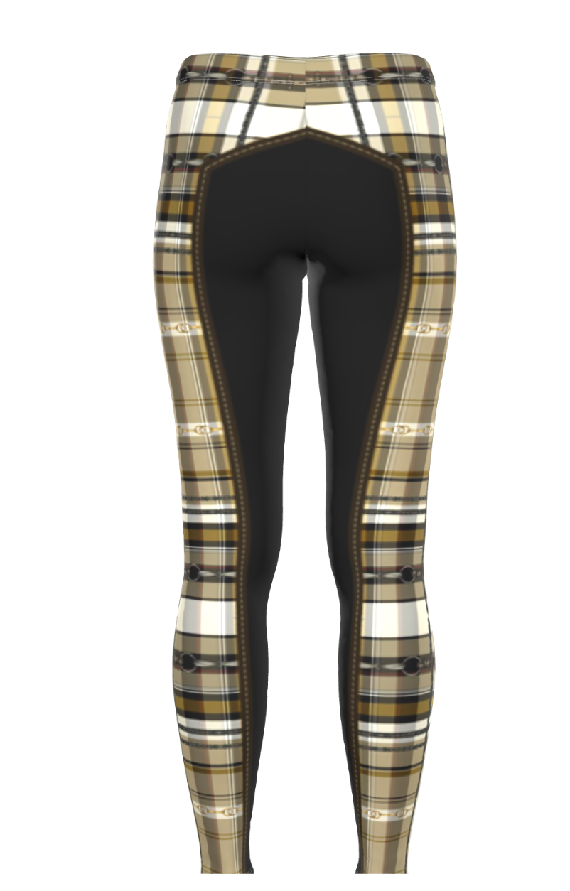 Yellow Ochre and Brown Piaffe Plaid Equestrian Bit Faux Full Seat Riding Tights/ Leggings