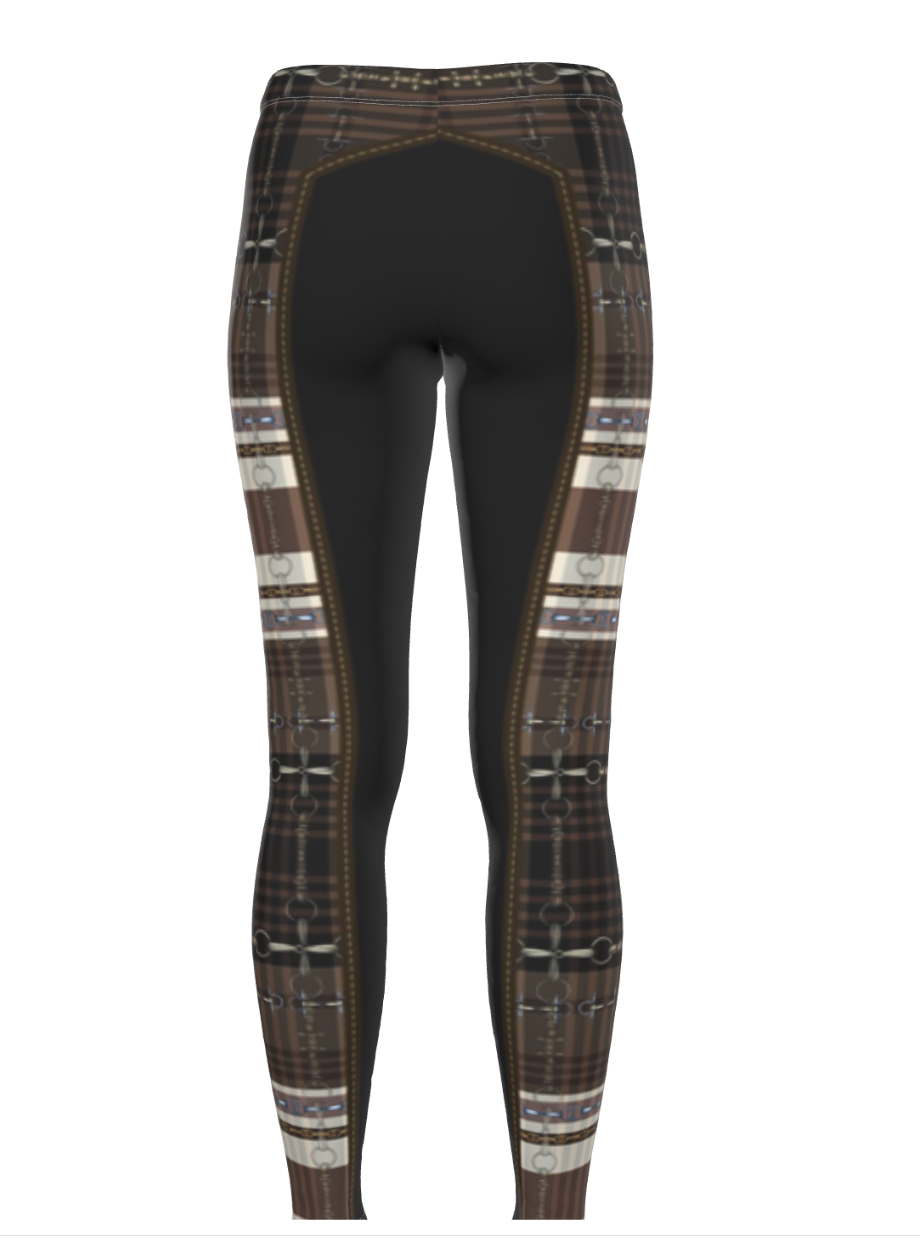 Brown Piaffe Checkered Plaid Equestrian Bit Faux Full Seat Riding Tights/ Leggings