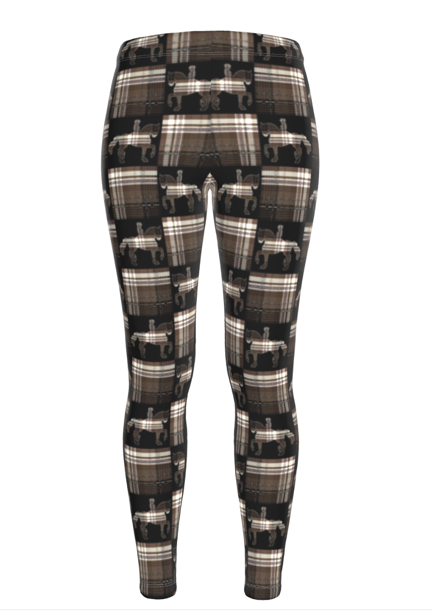 Brown Checkered Piaffe Checkered Plaid Equestrian Bit Faux Full Seat Riding Tights/ Leggings