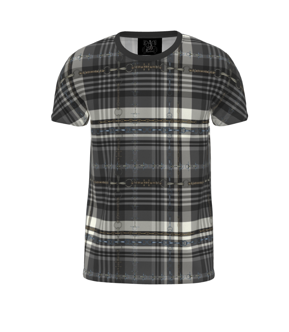 Gray and Black Equestrian Sporty Plaid All Over Print T Shirt