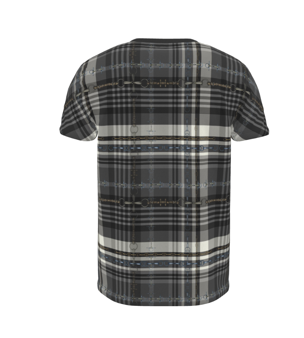 Gray and Black Equestrian Sporty Plaid All Over Print T Shirt