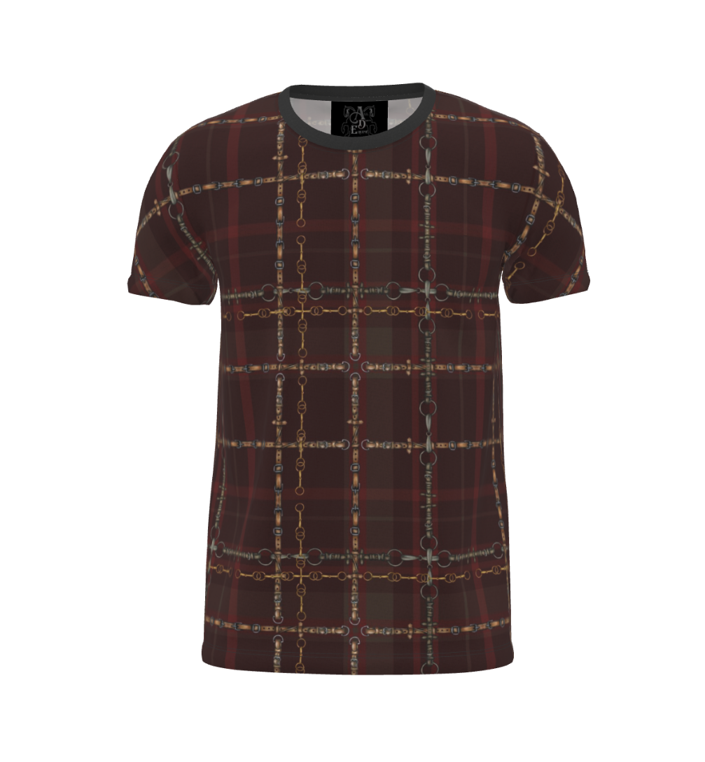 Burgundy Equestrian Sporty Plaid All Over Print T Shirt