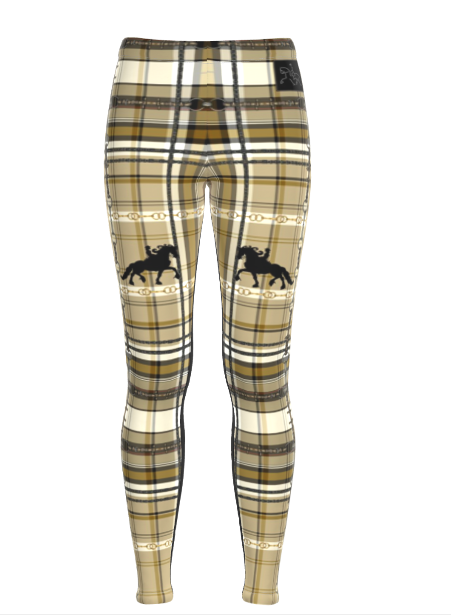 Jenny Veenstra Yellow Ochre and Brown Piaffe Plaid Equestrian Bit Faux Full Seat Fashion Leggings