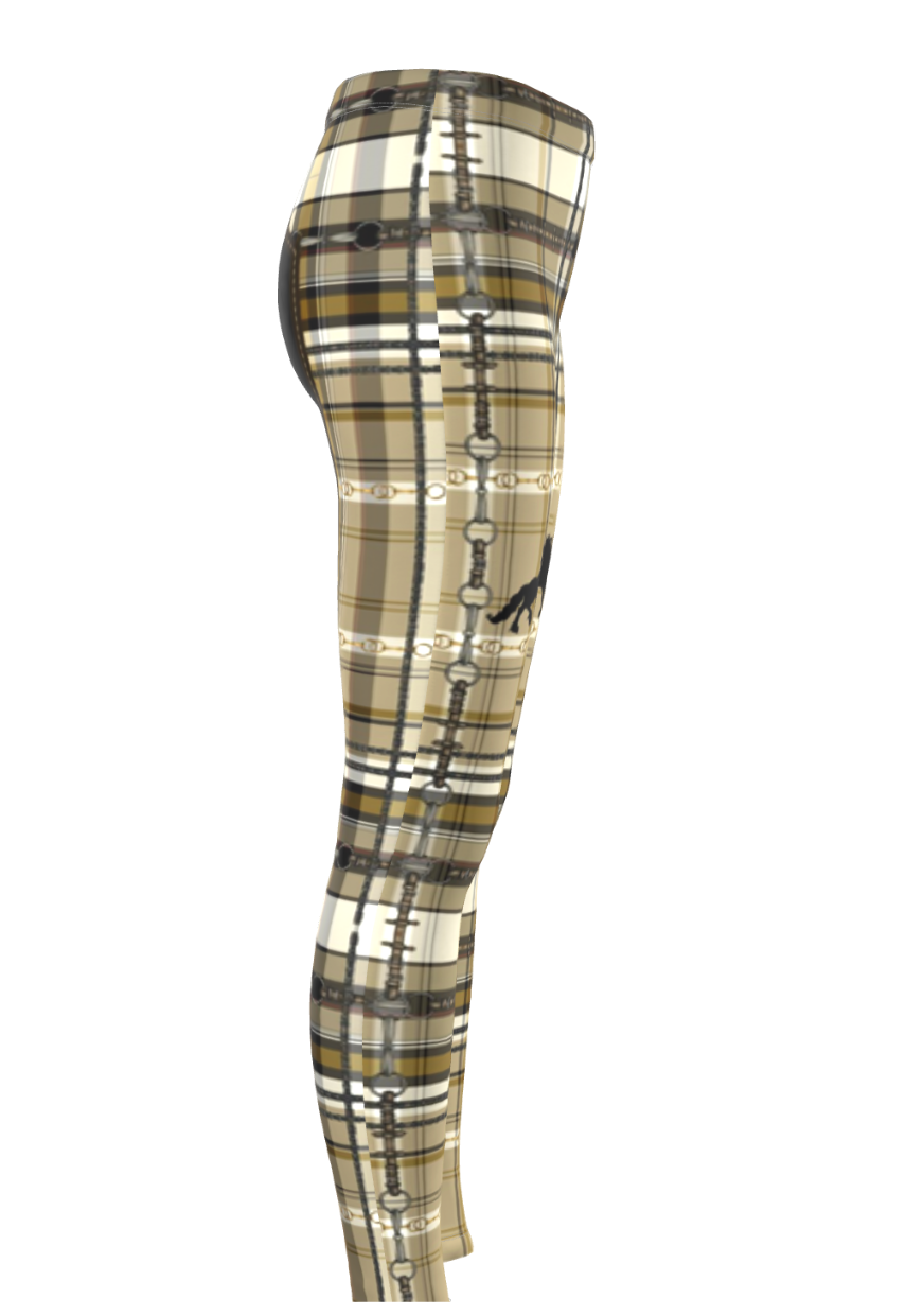 Jenny Veenstra Yellow Ochre and Brown Piaffe Plaid Equestrian Bit Faux Full Seat Fashion Leggings