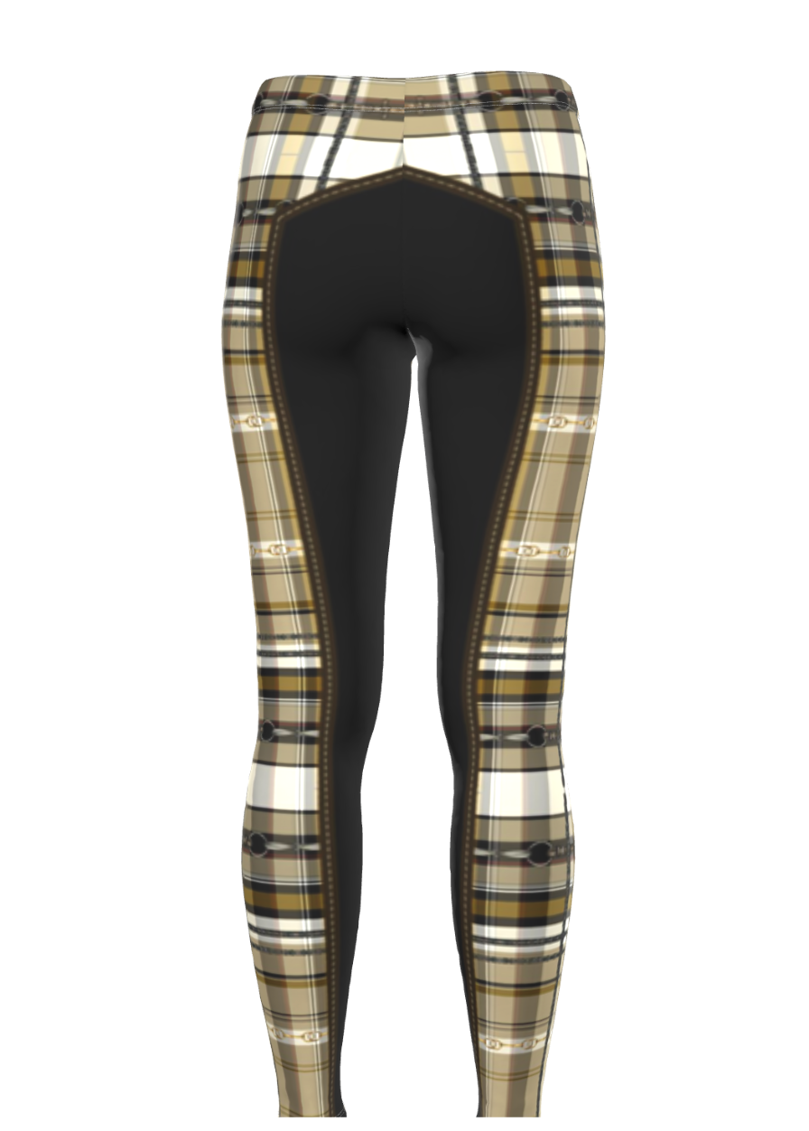 Jenny Veenstra Yellow Ochre and Brown Piaffe Plaid Equestrian Bit Faux Full Seat Fashion Leggings