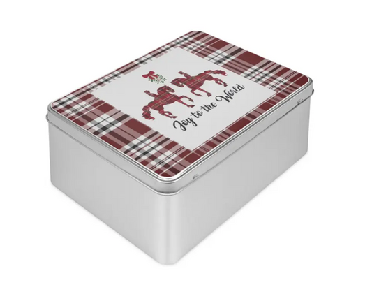 Joy to the World Christmas Cookie Tin, Holiday Tin, Equestrian Christmas