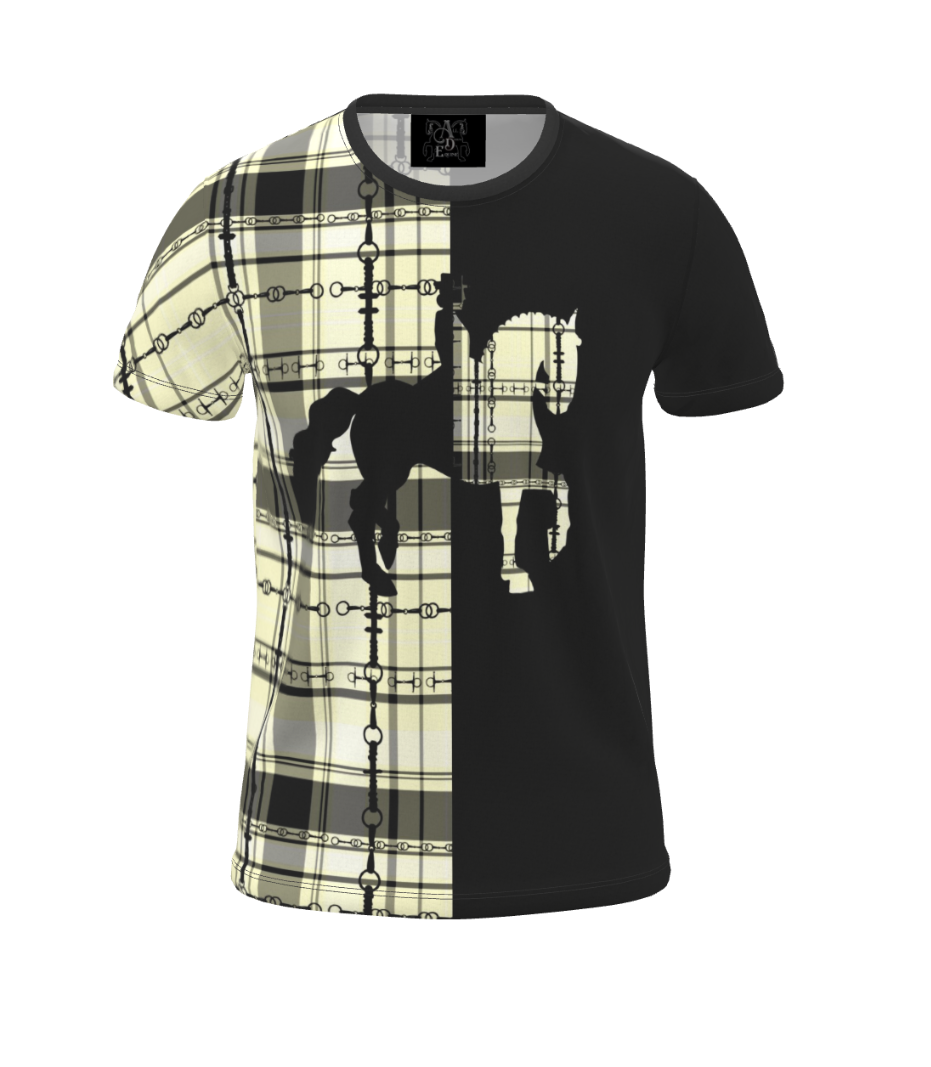 Black and Ivory Split Horse Equestrian Plaid T Shirt