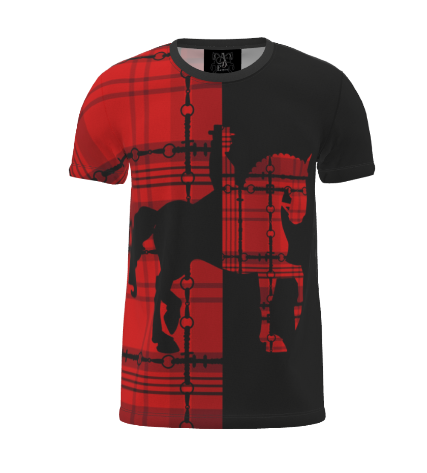 Black and Red Split Horse Equestrian Plaid T Shirt