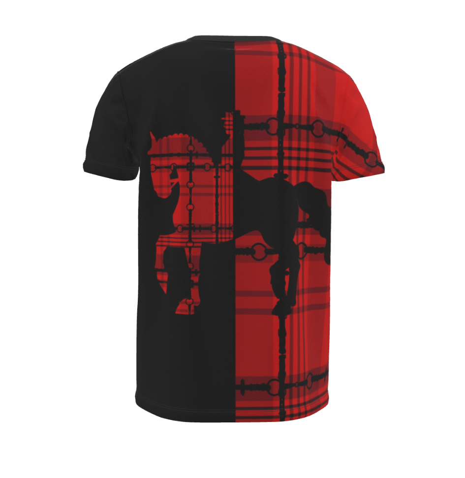 Black and Red Split Horse Equestrian Plaid T Shirt