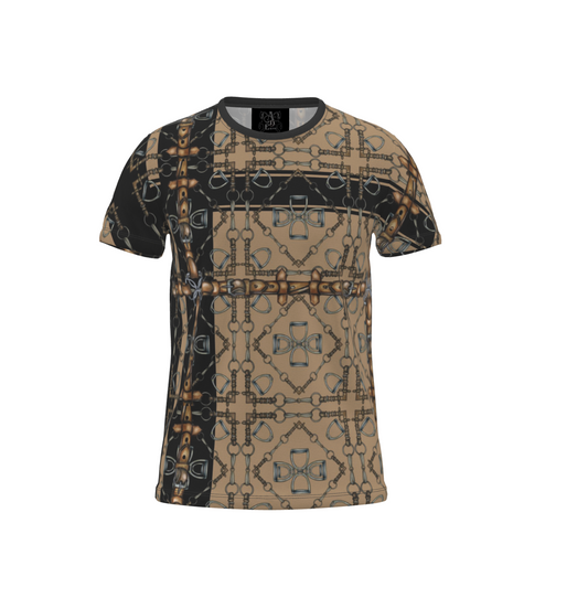 Tan and Black Snaffle Bit Sporty All Over Print T Shirt, Equestrian Fashion