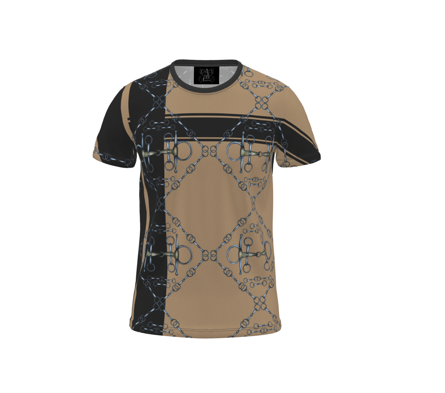 Tan and Black Snaffle Bit Sporty All Over Print T Shirt, Equestrian Fashion