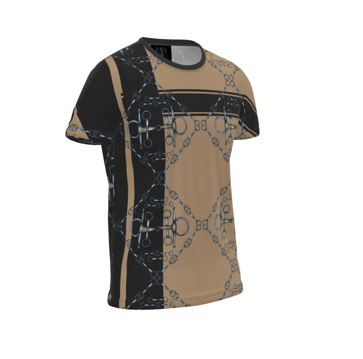 Tan and Black Snaffle Bit Sporty All Over Print T Shirt, Equestrian Fashion