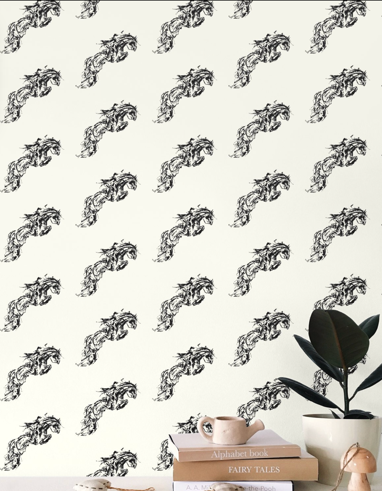 Jumping Horse Wallpaper Elegant Ivory and Black Equestrian Home Decor