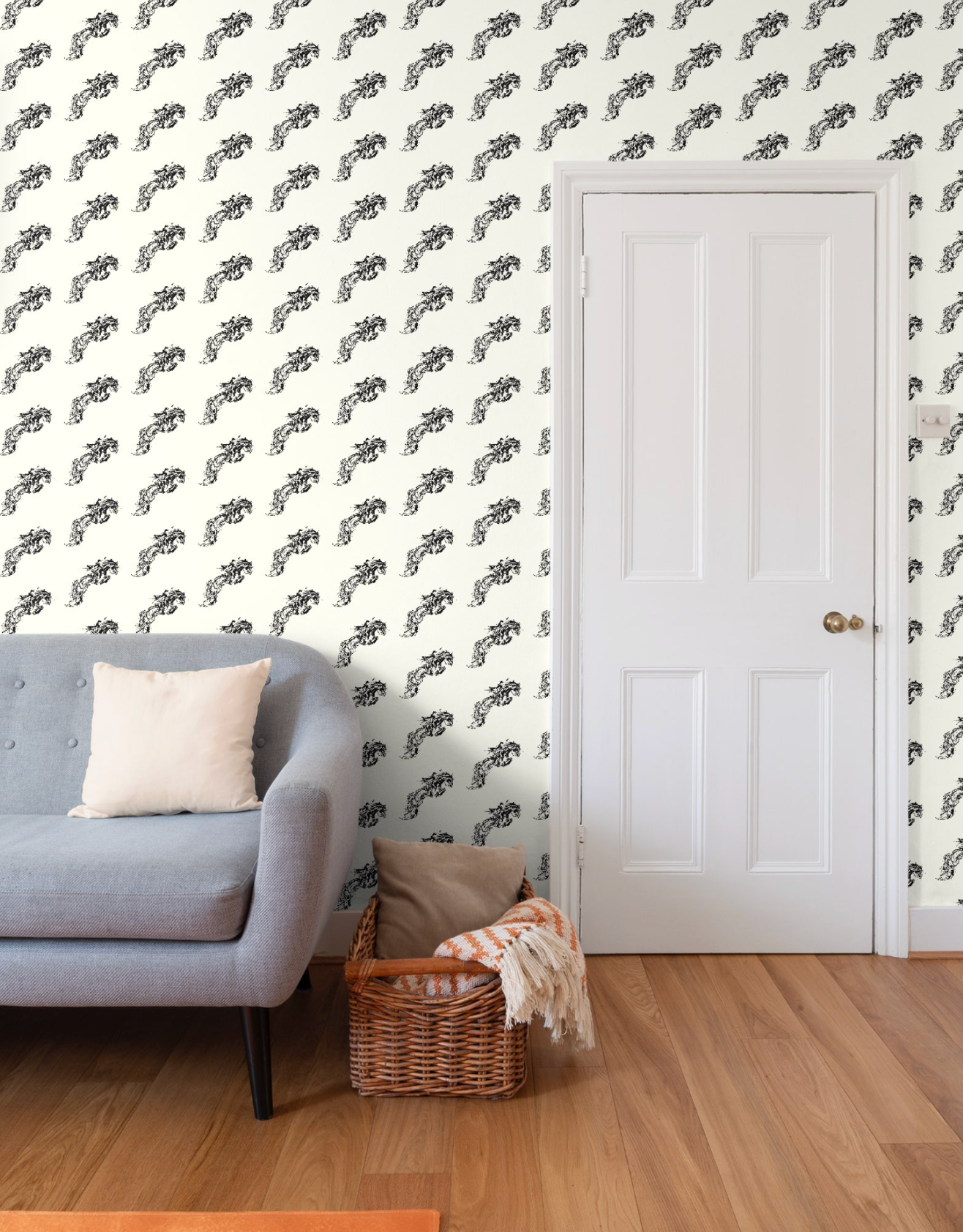 Jumping Horse Wallpaper Elegant Ivory and Black Equestrian Home Decor