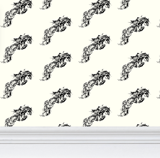 Jumping Horse Wallpaper Elegant Ivory and Black Equestrian Home Decor