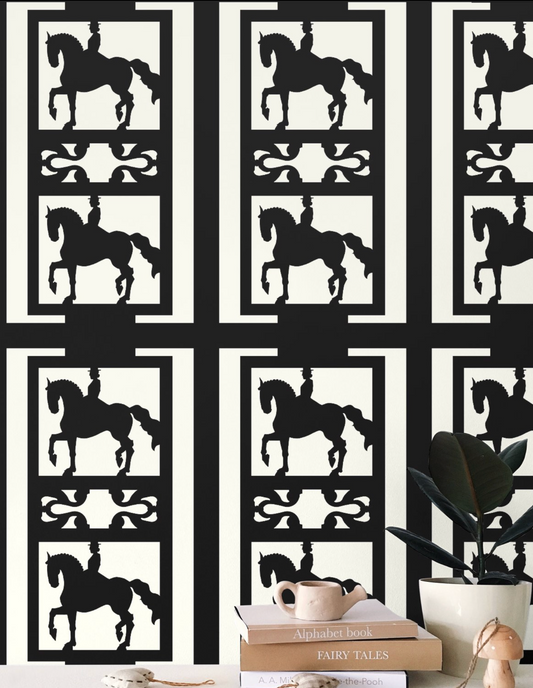 Ornate Horse Wallpaper Elegant Ivory and Black Equestrian Home Decor
