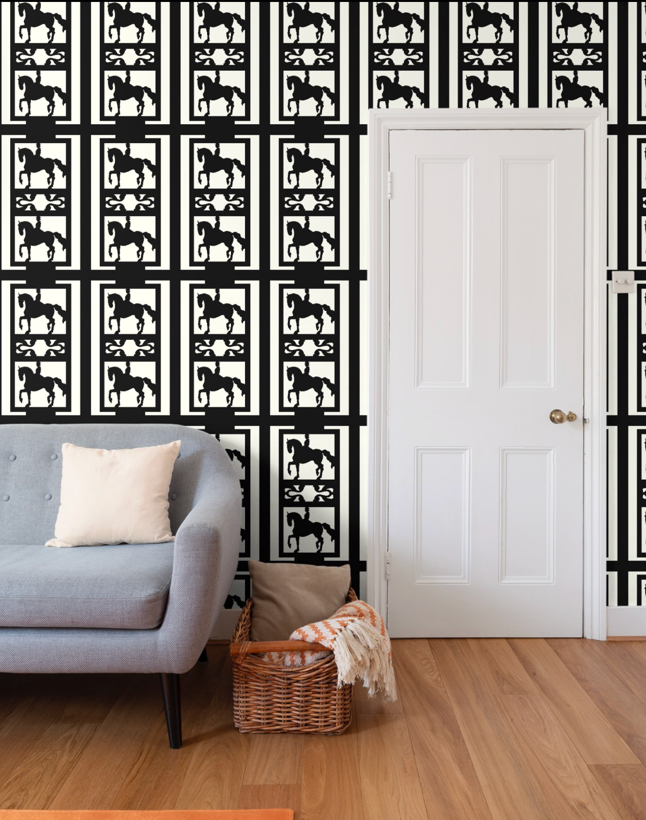 Ornate Horse Wallpaper Elegant Ivory and Black Equestrian Home Decor