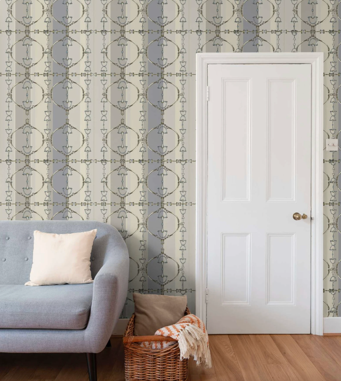 Use Code Thankyou30 for 30% off Blue and Cream Equestrian Snafflebit Luxury  Wallpaper Equestrian Home Decor