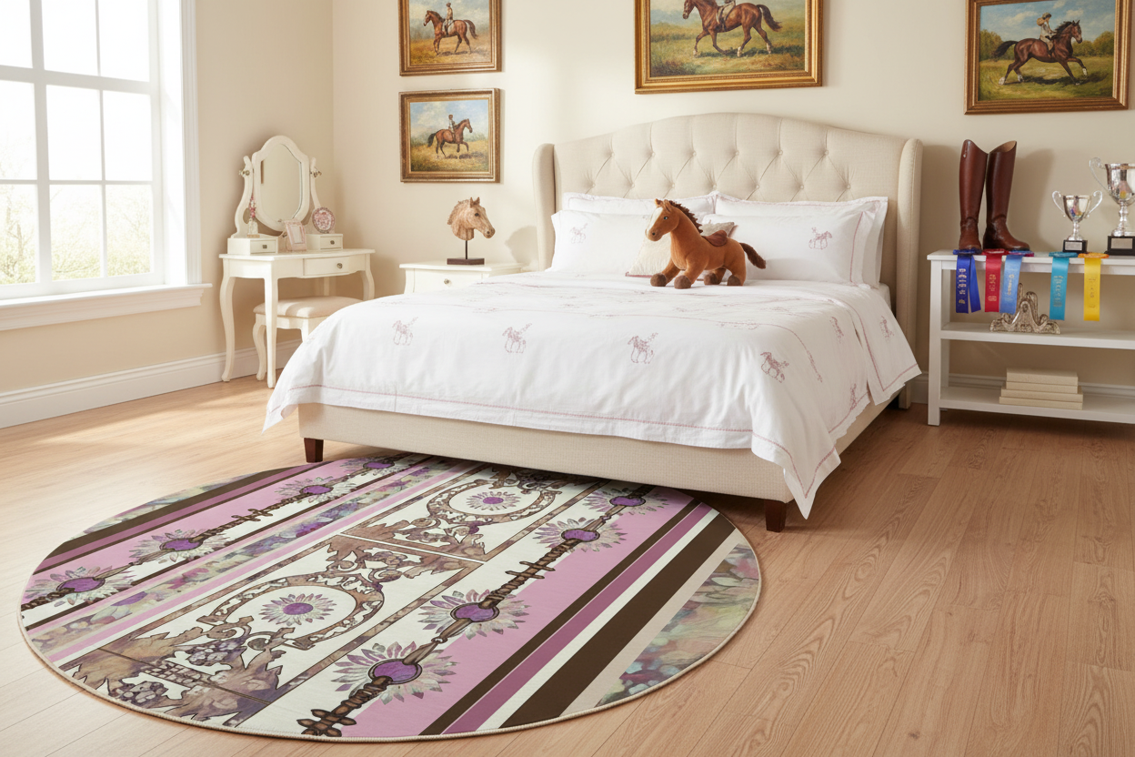 Cowgirl Dream Round Rug Blanket Western/ English/ Hunter Jumper Maximalist Boho Equestrian Girls Bedroom Decor Horse Shoe Art Equestrian