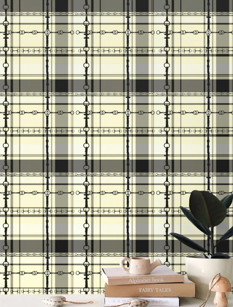 Bur Berry Like Wallpaper Bit and Rein Pattern Traditional Plaid Luxury Equestrian Home Decor Farmhouse Wall Accent