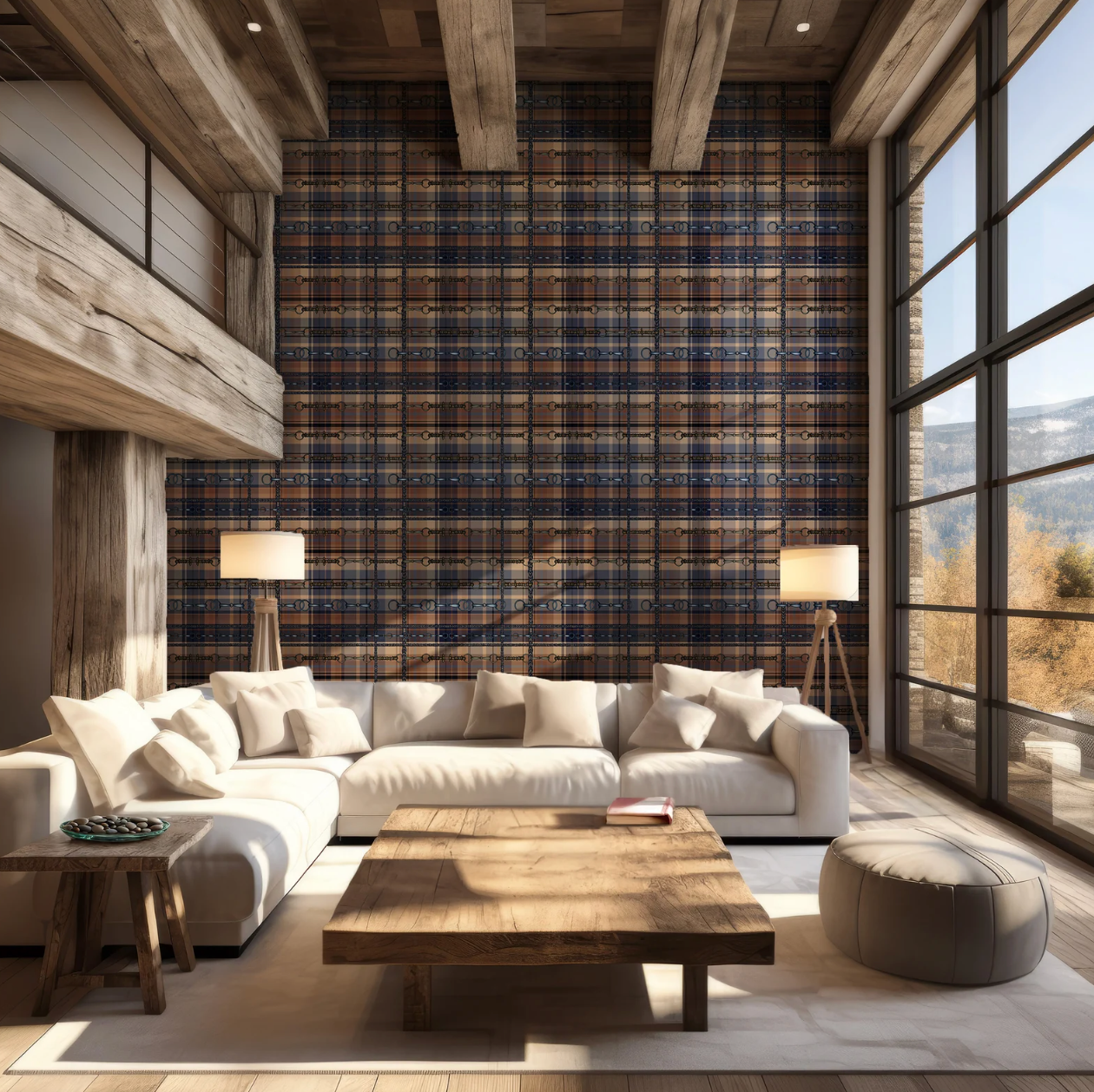 Blue and Brown Farmhouse Wallpaper Bit and Rein Pattern Plaid Luxury Equestrian Home Decor